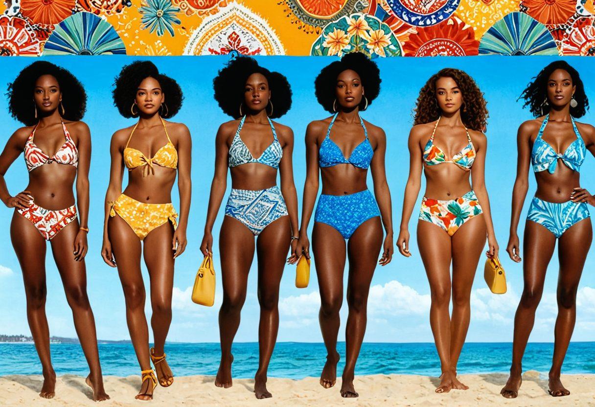 A vibrant collage showcasing the evolution of bikini fashion, featuring vintage styles from the 1950s to modern designs in the foreground, set against a serene beach backdrop. Incorporate elements of ancestry with traditional patterns and cultural influences subtly blended into the fabric designs. Include women of diverse backgrounds modeling these bikinis to highlight inclusivity. Bright colors and a sunny atmosphere to evoke a sense of joy and freedom. super-realistic. vibrant colors. beach setting.